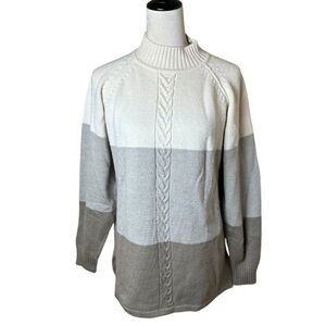 Liz Claiborne Color Block Mock Neck Sweater M | Cable Knit Wool Cashmere Neutral